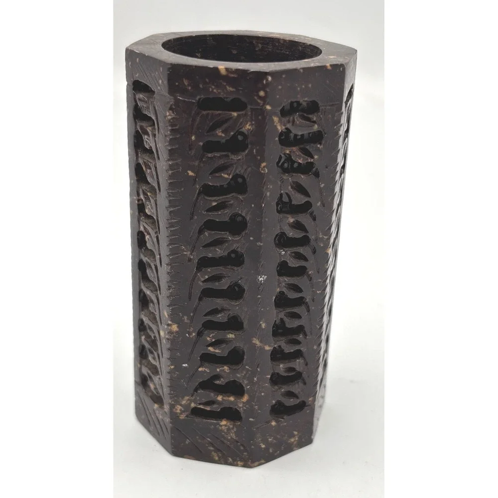 Hand Carved Soapstone Pen Stand Pierced Botanical Hexagon Dark Stone Vase 4in